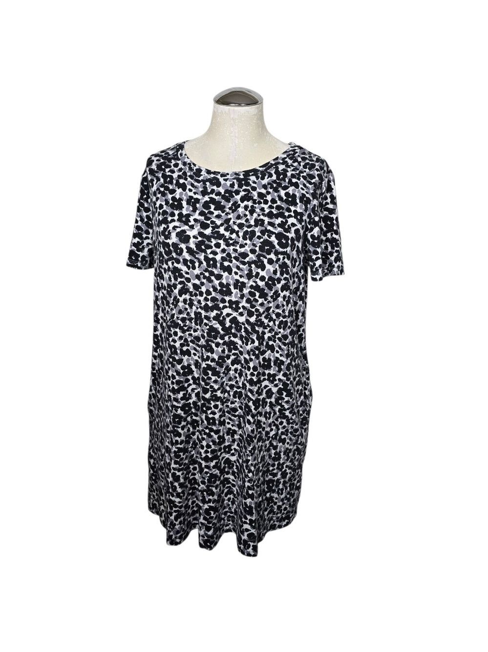 Ellen Tracy Black Gray Animal Print Short Sleeves Dress L